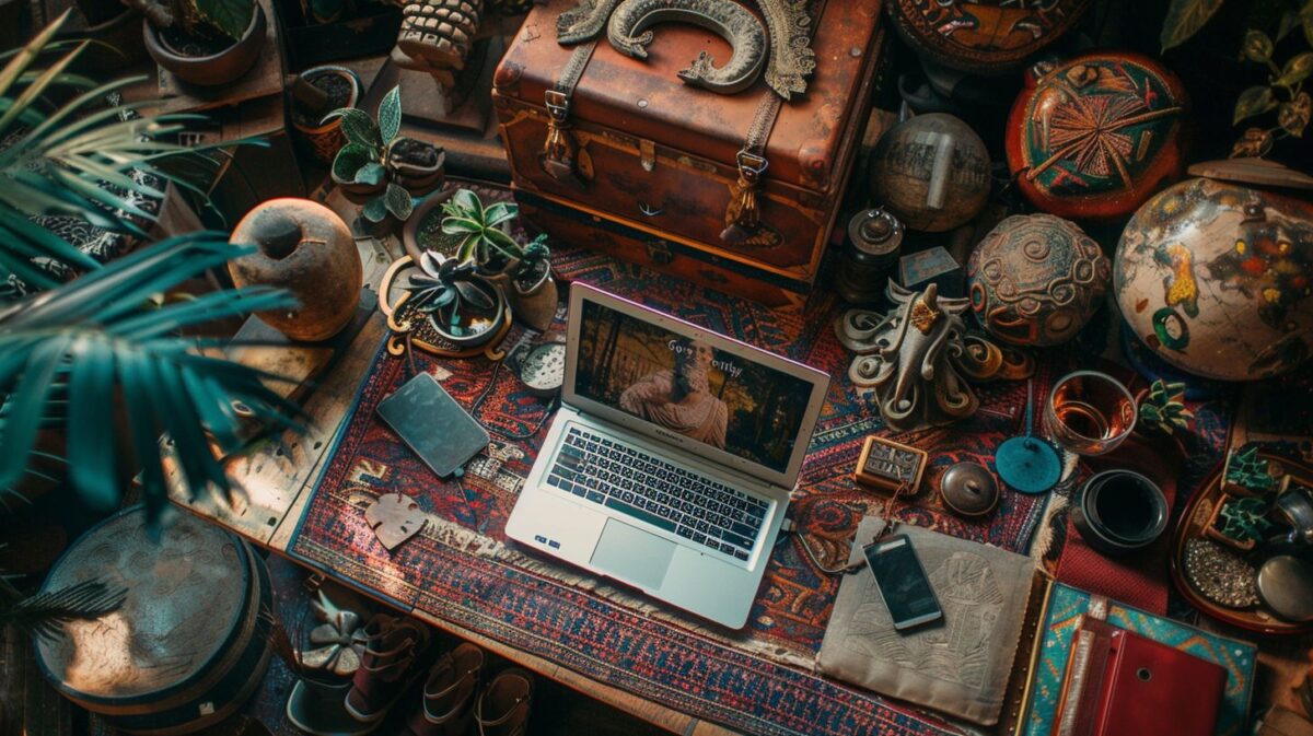A laptop surrounded by diverse cultural artifacts in a wide-angle shot.