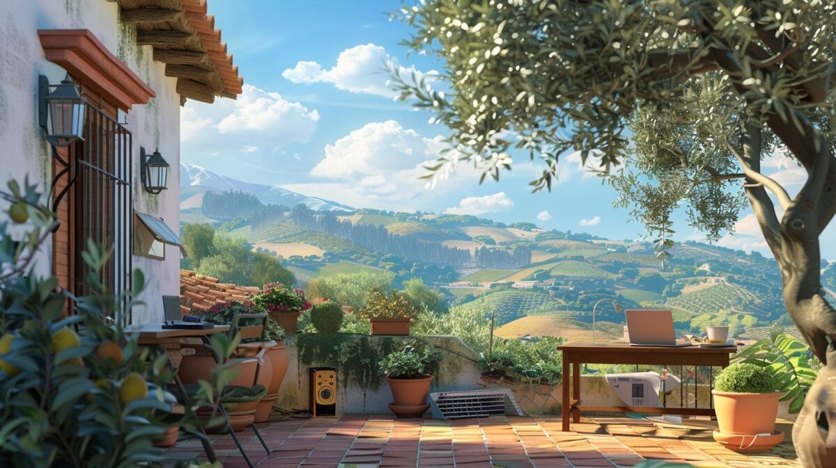 A rustic outdoor workspace in a Spanish countryside villa.