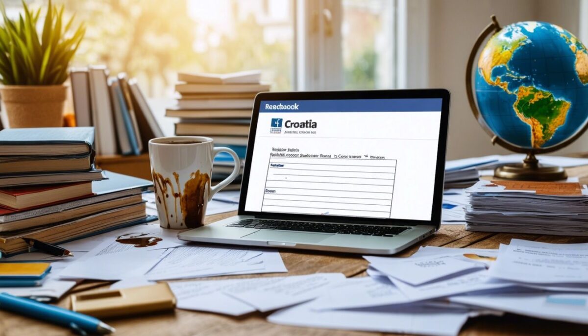 Messy desk with laptop, books, globe, and spilled coffee.