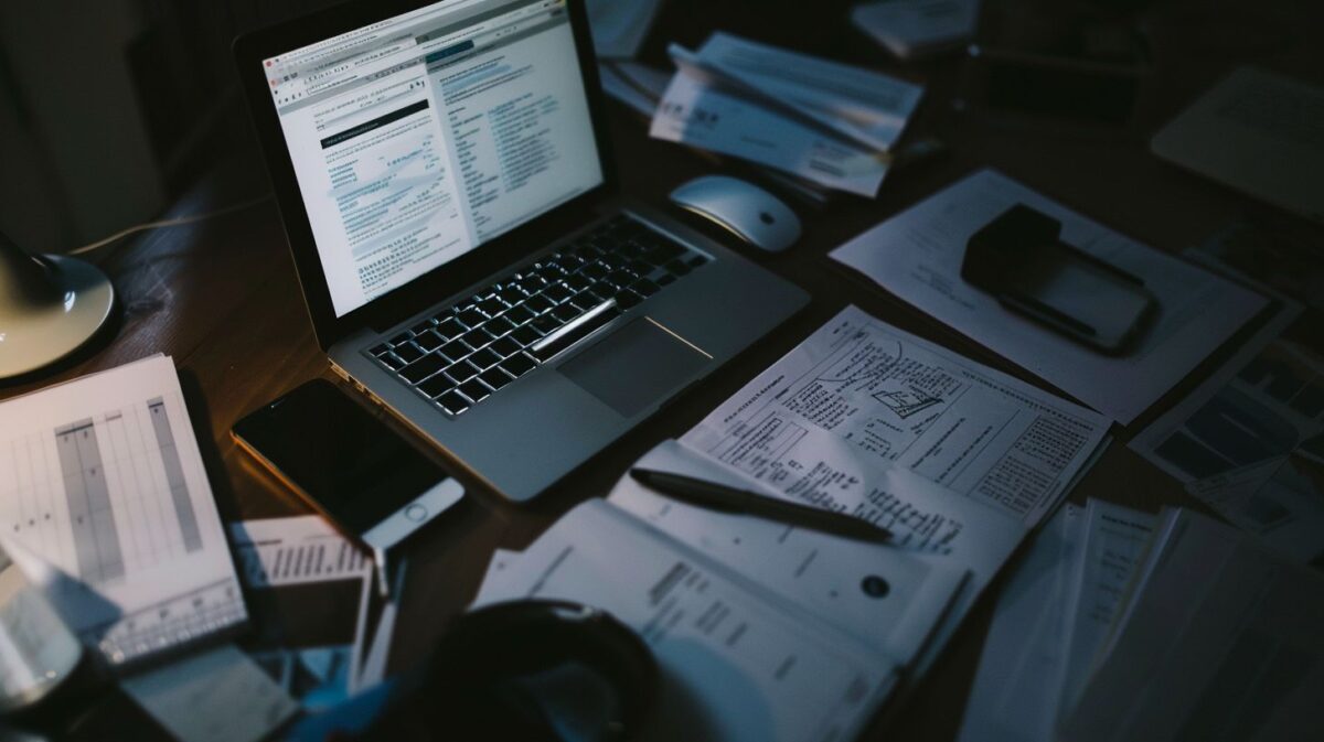 A cluttered desk in a dimly lit office with legal documents and a laptop open to a webpage on company formation in the Czech Republic.