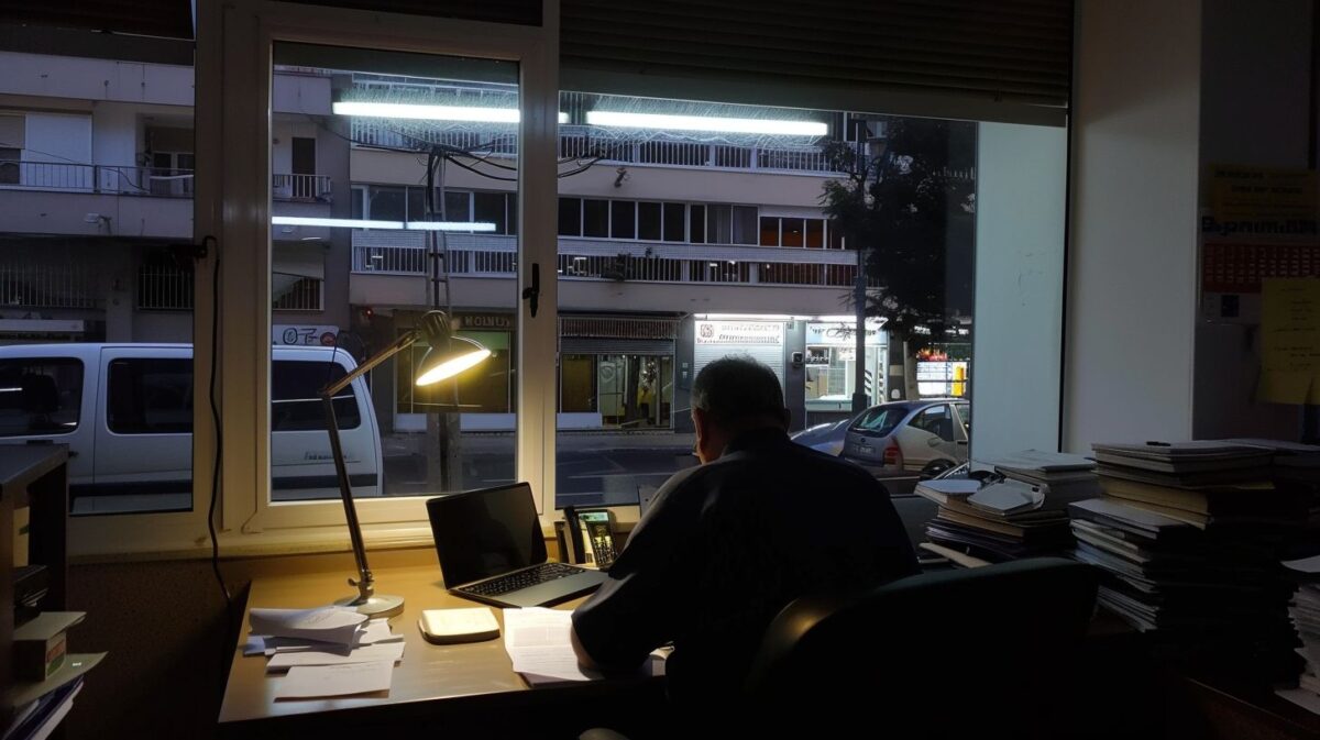 A middle-aged man reviewing paperwork in a dimly lit office.