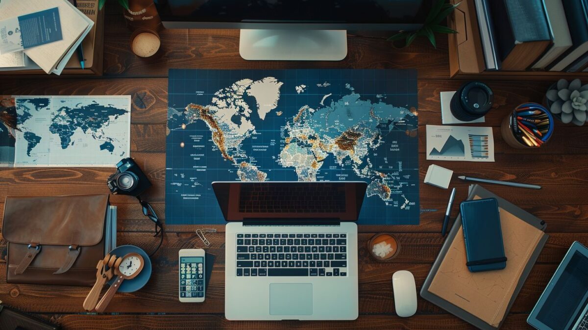 A modern office desk setup with a laptop, financial reports, and a world map.