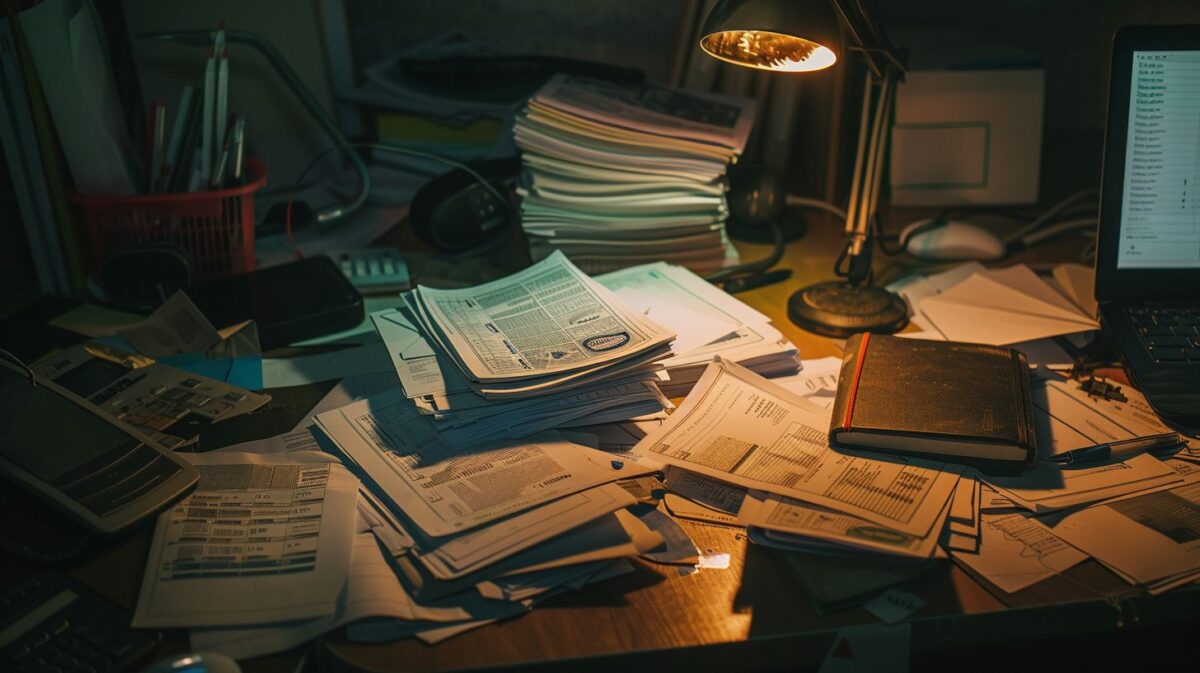Disorganized desk with financial documents and tax forms in dim office.