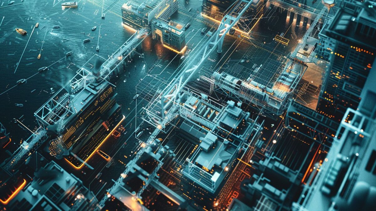 AI algorithms at work in a futuristic offshore banking center.