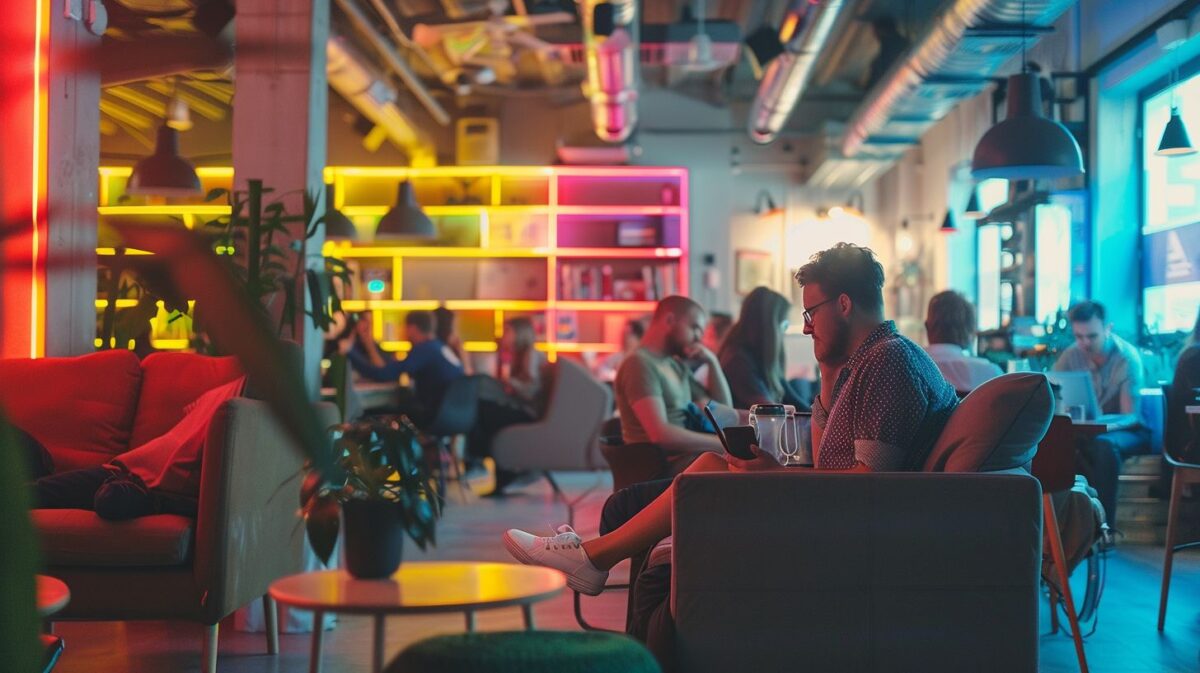 A diverse group of digital nomads collaborating in a vibrant co-working space.