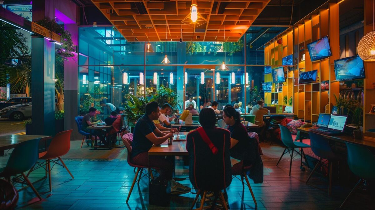 A diverse group of digital nomads collaborating in a vibrant co-working space.