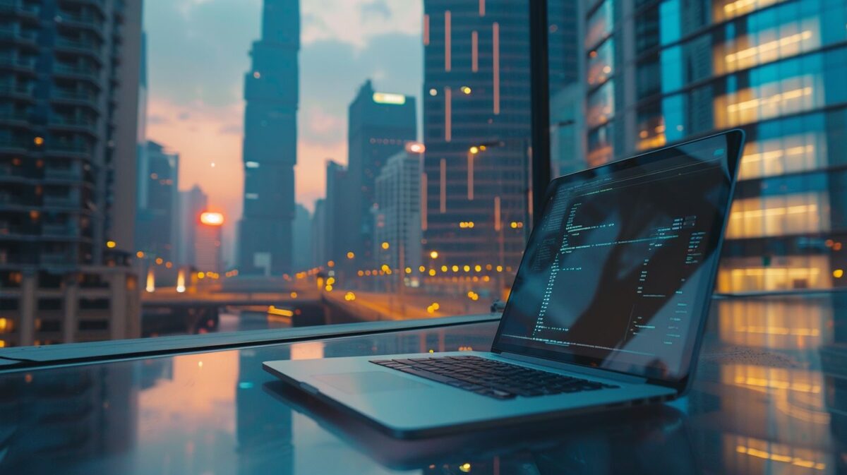 The logo of an offshore company displayed on a laptop in a cityscape.