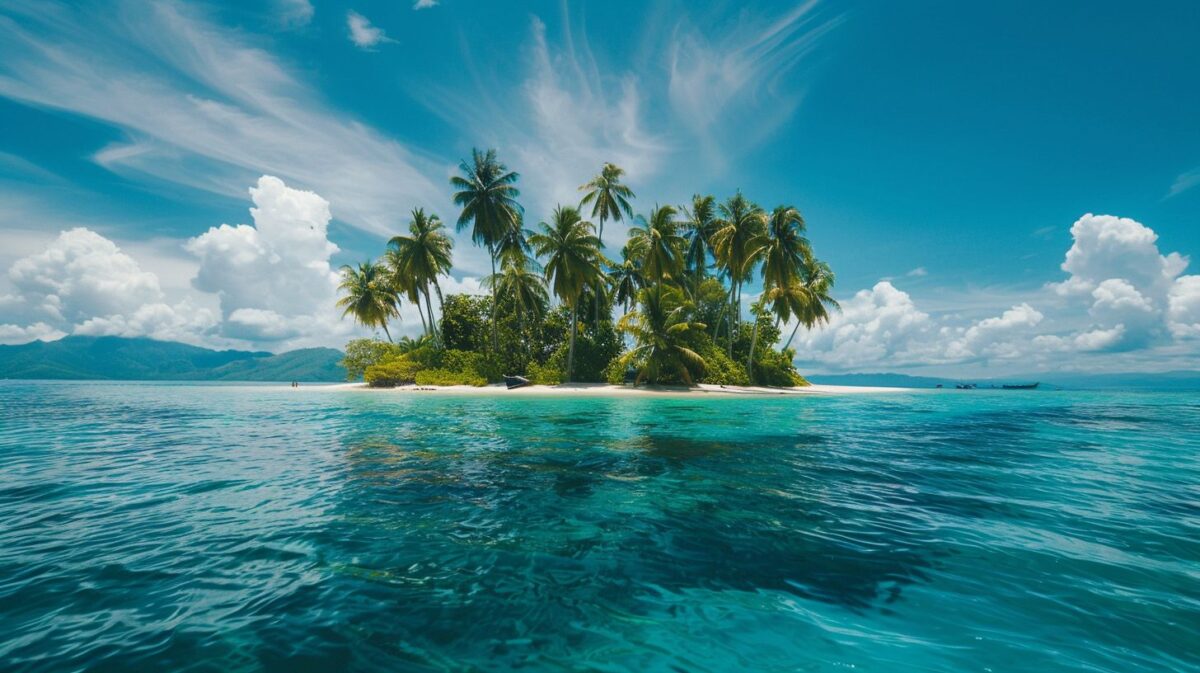 A secluded tropical island with palm-fringed beach and clear blue waters.