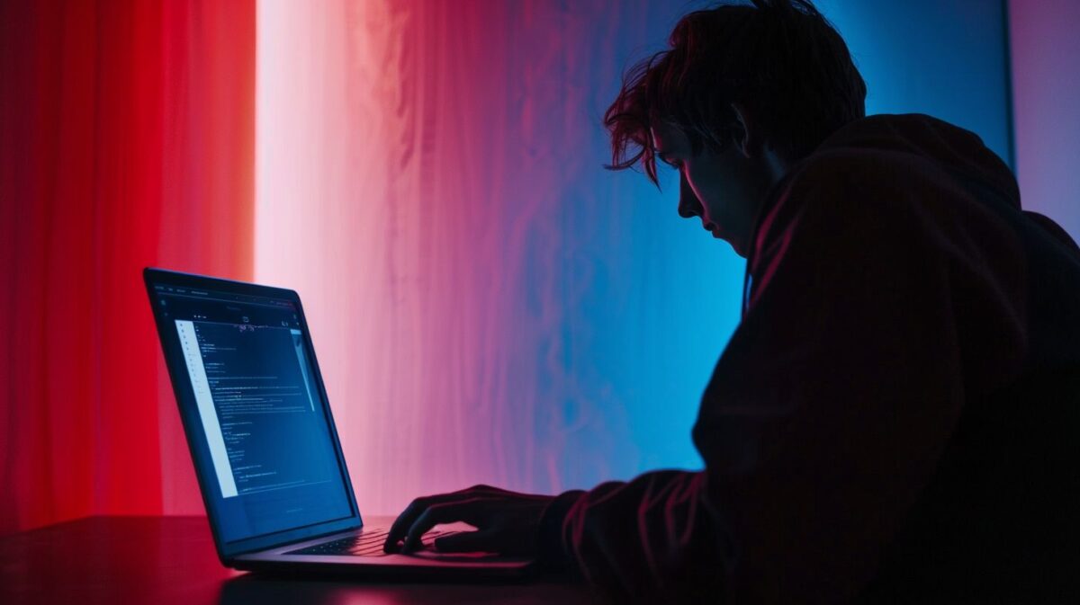 A person accessing offshore banking websites on a laptop in a dimly lit room.