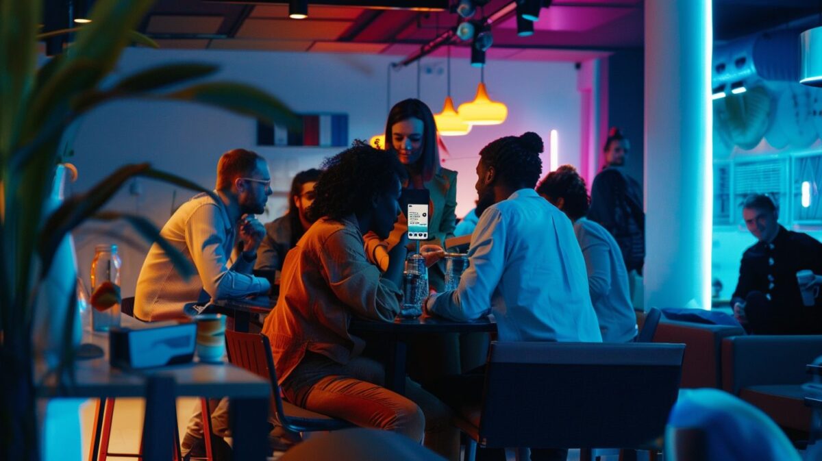 Diverse entrepreneurs meeting in a modern coworking space, discussing business strategies.