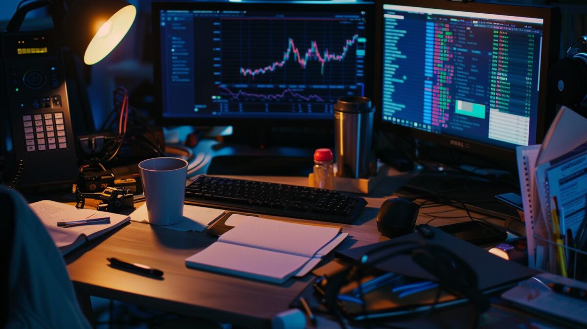A cluttered desk with scattered notebooks, crypto charts, and a cup of coffee.