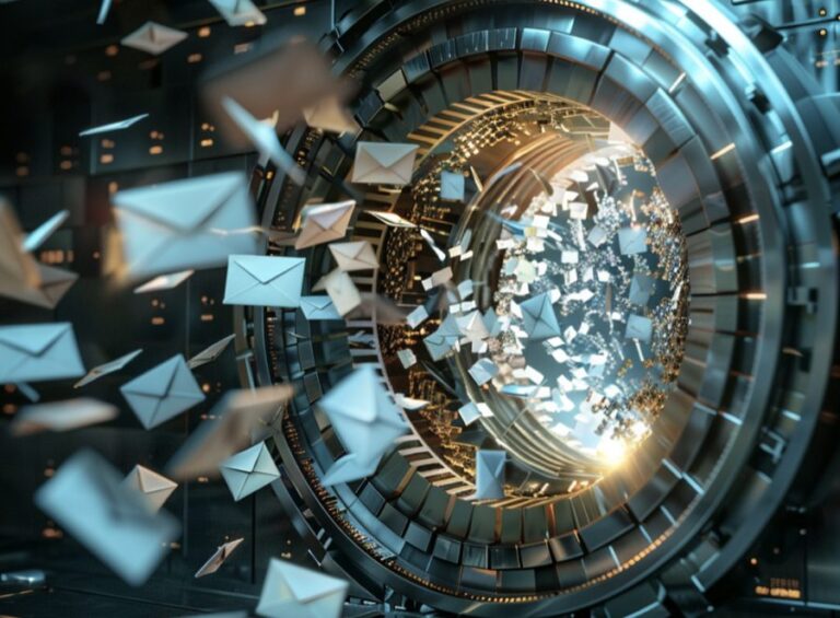 bank vault door closing on a stream of digital letters and packages