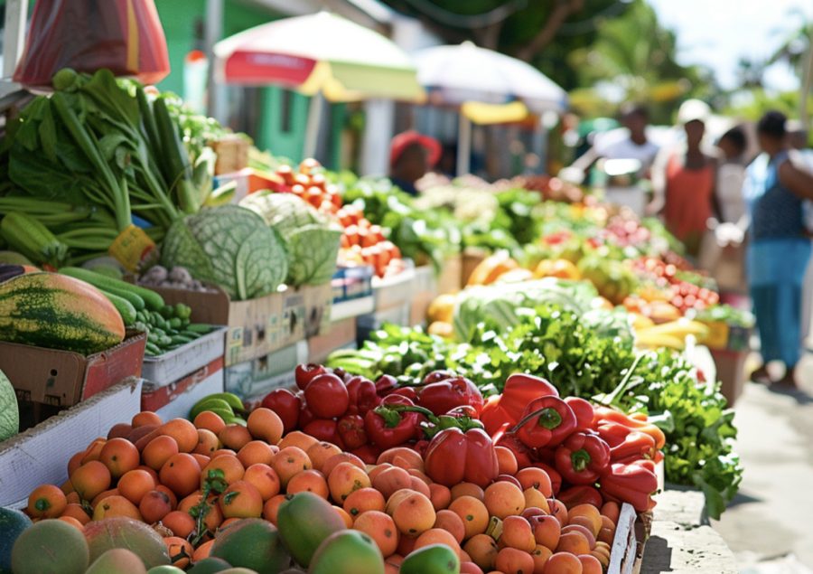 casual scene of a person shopping at a caribbean market in st. kitts & nevis