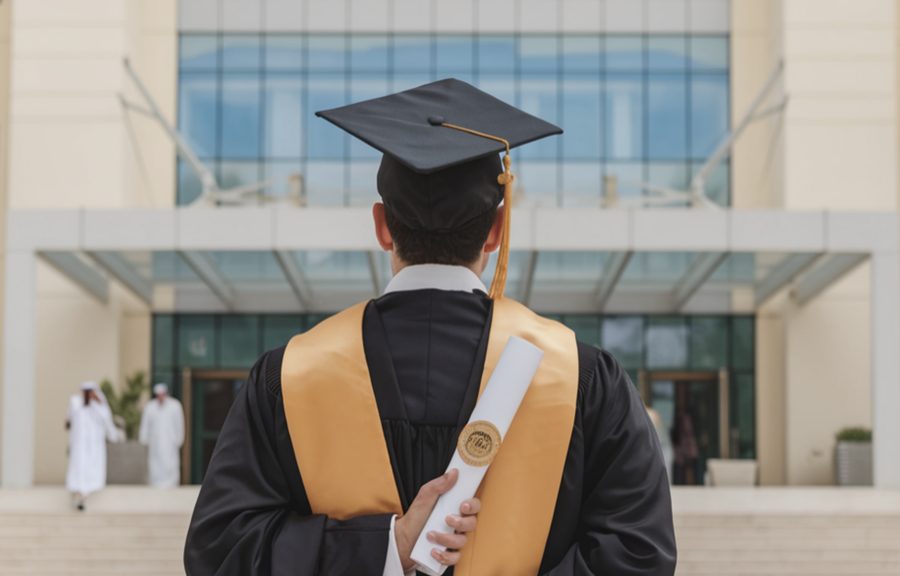 graduate holding a degree certificate in front of a university building in the uae