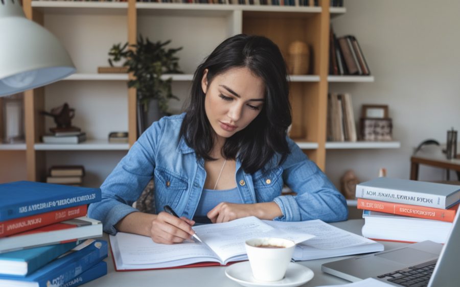 young woman studying at a desk, surrounded by romanian textbooks