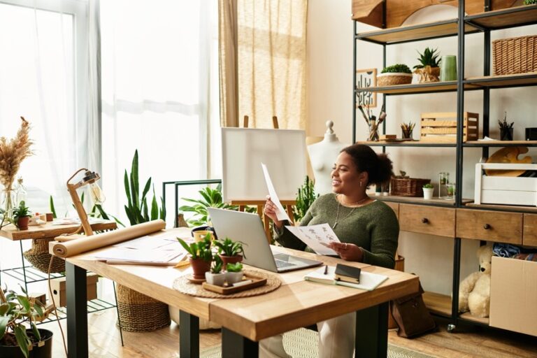 in a vibrant workshop, a talented woman crafts art with joyful enthusiasm.