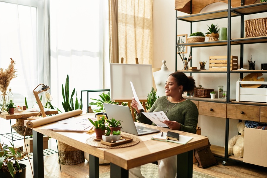 in a vibrant workshop, a talented woman crafts art with joyful enthusiasm.